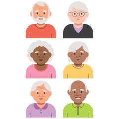 Fototapeta premium Old people cartoon avatars set diverse senior characters vector illustration isolated