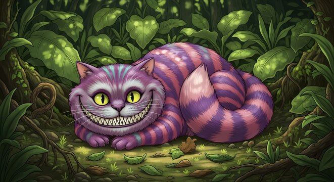 Whimsical illustration of a cheshire cat from alice in wonderland, grinning mischievously in a lush green forest, with vibrant purple and pink stripes