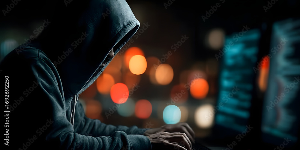 Poster hacker capturing personal data from computer display for identity theft or finncial fraud.