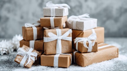 Stack of Wrapped Gifts with White Ribbons in Festive Setting