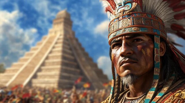 A powerful portrait of a Mayan chief before the Chichen Itza pyramid, a cinematic video of ancient history and indigenous culture, perfect for historical documentaries and films.