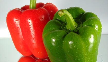 Two vibrant peppers, red and green, glistening with water droplets