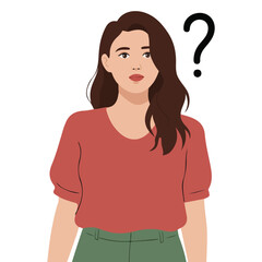 Flat vector illustration woman stands pensive pose thinks over question isolated