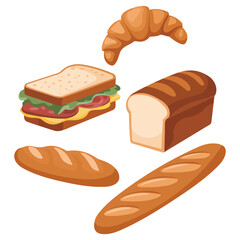 Delicious bread variety collection vector illustration set isolated on white background