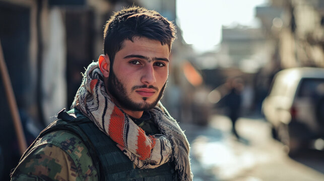 Young soldier wearing keffiyeh and body armor in war zone - Powered by Adobe