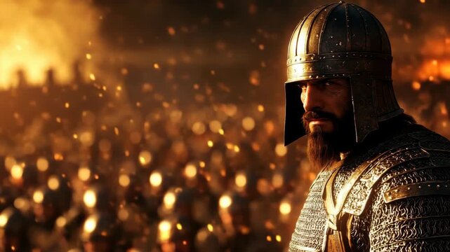 A cinematic portrait of a medieval general leading his army into a fiery battle, a powerful symbol of leadership and courage, perfect for epic films and video games.