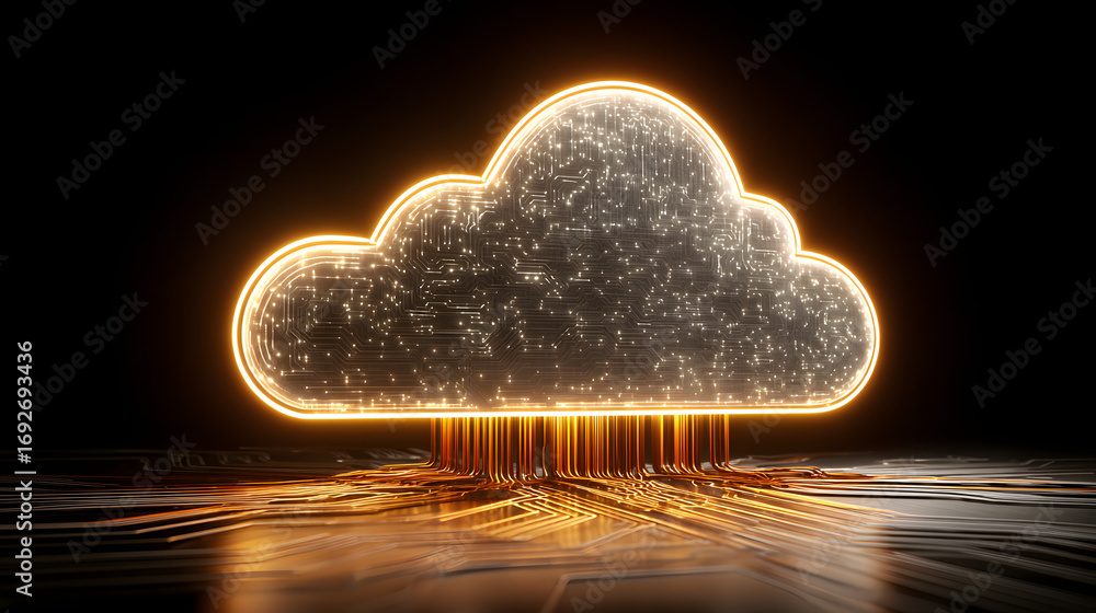 Poster glowing cloud symbol with circuit lines below, repreenting data storage, connetivity, and cloud comp