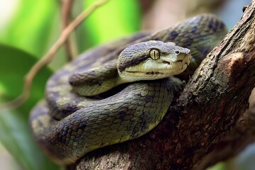 Fototapeta premium Intense viper eye stares intently from coiled body on weathered tree branch, showcasing intricate scales and wild nature