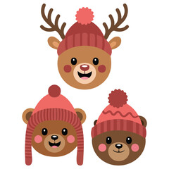 Winter animals clipart cute deer bears rabbit cartoon flat style Christmas vector