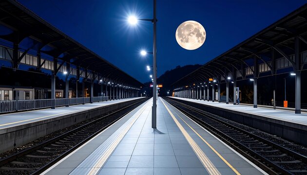 Night Train Station Platform under Full Moon - Powered by Adobe