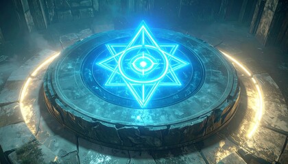 Ancient, glowing symbol on a circular stone pedestal in a dimly lit, stone-walled environment