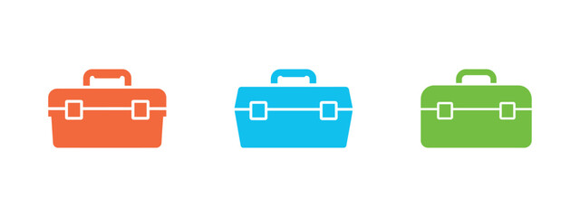 Colorful toolbox icons set in orange, blue, and green on a white background
