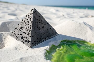 A dark porous pyramid sits on a white sand beach, with vibrant green liquid flowing from its base, against a bright ocean horizon.