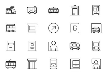 Public transportation outline Icons set. Contain icons related to vehicle, cars, truck, ship, boat, train,  motorcycle, and more. Thin outline icons pack. Vector illustration. editable stroke