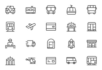 Public transportation outline Icons set. Contain icons related to vehicle, cars, truck, ship, boat, train,  motorcycle, and more. Thin outline icons pack. Vector illustration. editable stroke