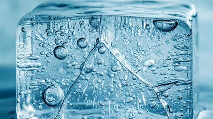 Ice cube close up on reflective surface, capturing its intricate details. Details reveal frozen water, air bubbles, and geometric structure. The ice cube close up symbolizes refreshment and purity, - Powered by Adobe