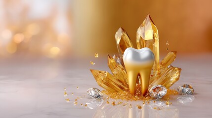 Shiny Tooth Surrounded by Golden Crystals and Diamonds on Elegant Surface