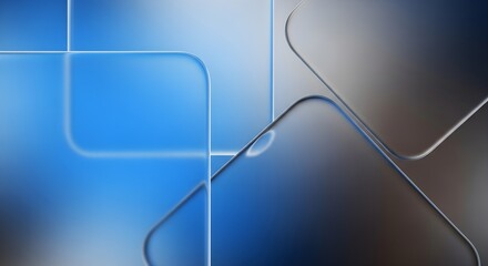 Abstract overlapping shapes with soft blue and metallic grey gradients glossy finish