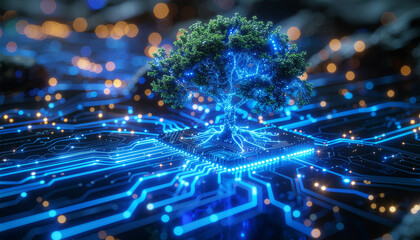 A tree growing from a computer chip with blue glowing lines representing data flow.