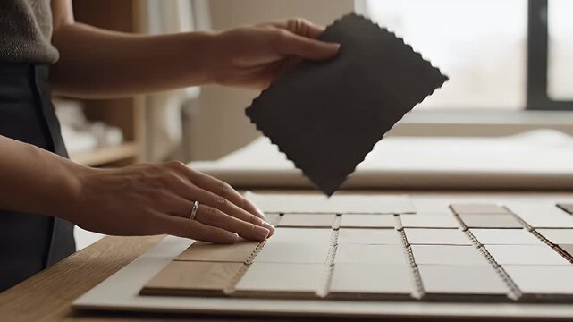 Hands arranging various material samples for interior design and renovation planning, showcasing tile selection process
