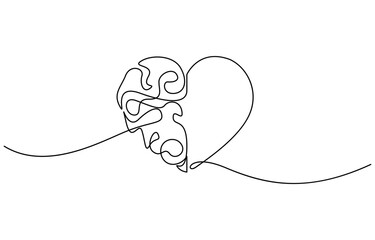 One line drawing of half of a human brain and a human heart vector illustration. Editable outline