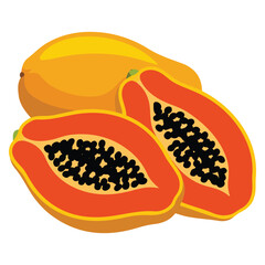 Papaya fruit cartoon card with leaf exotic fruit cross section isolated white