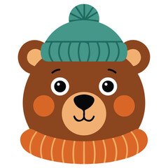 Autumnal card bear head warm hat scarf white background fall leaves hand lettered