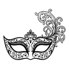Vector art of elegant black and white venetian masquerade mask with ornate swirling filigree