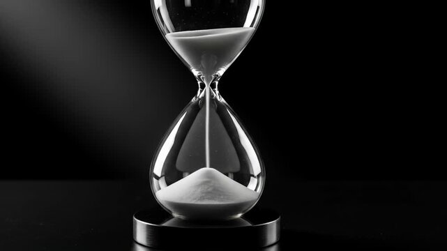 Hourglass against a black background showing time running out. Hourglass shows grains of sand trickling through glass bulbs, symbolizing time passing, deadlines approaching, and pressure mounting.