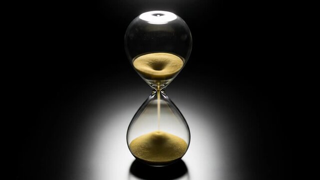 Hourglass against dark background shows time running out, with grains of sand slowly passing. Hourglass symbolizes time management and temporal existence,