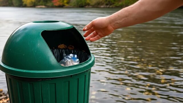 Man responsibly discarding a plastic bottle into a public garbage can to prevent water pollution in a natural park setting