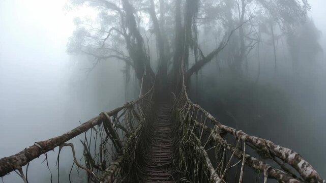 Living Root Bridge Amidst Dense Fog and Lush Greenery Featuring Hanging Vines and A Natural Ambiance