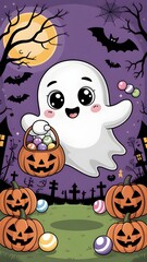 Cute Ghost with Candy Basket on Halloween Night