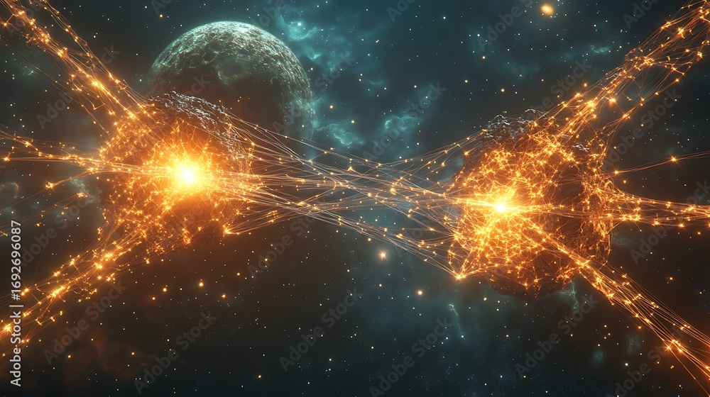 Poster two glowing orbs connected by lines in a starry space background