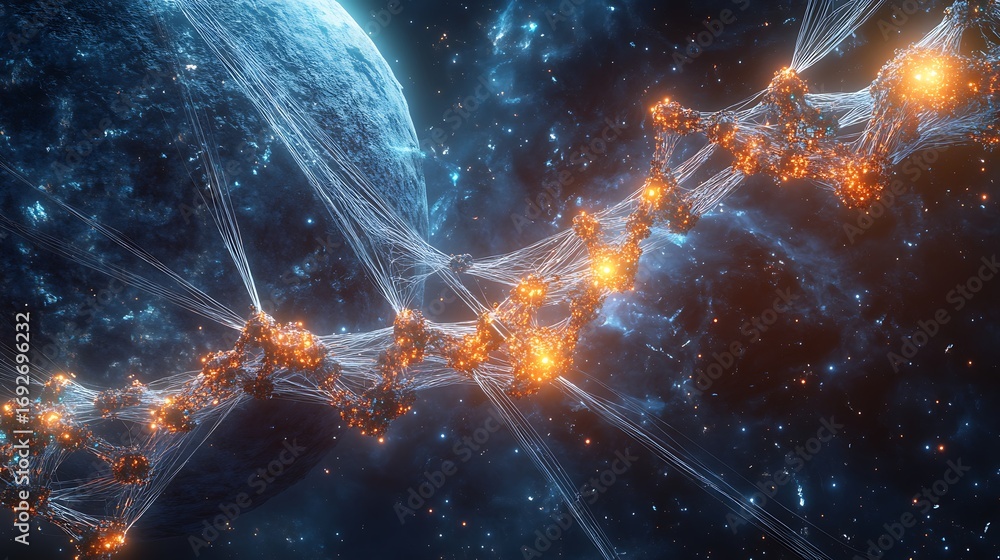 Poster abstract network connecting to planet in a starry space scene