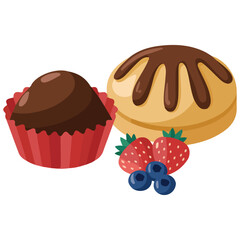 Delicious fruit topped muffin and fried dough confectionery isolated vector illustration on white background