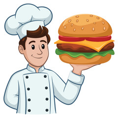 Male chef holding big hamburger fast food isolated vector illustration on white background