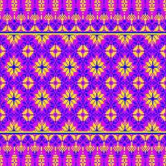 seamless floral pattern
Hypnotic and vibrant seamless horizontal border pattern, designed in a bold pixel art or cross-stitch style, reminiscent of traditional ethnic embroidery. The pattern features 