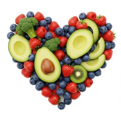 Obraz premium Heart made of fresh fruits and vegetables, symbolizing healthy eating, clean eating, nutrition, wellness, heart health, diet planning, vegan food, lifestyle design