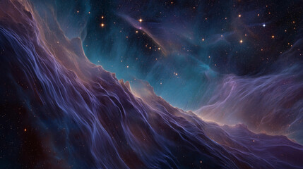 A celestial nebula in shades of deep violet and cyan, with shimmering stardust trails.