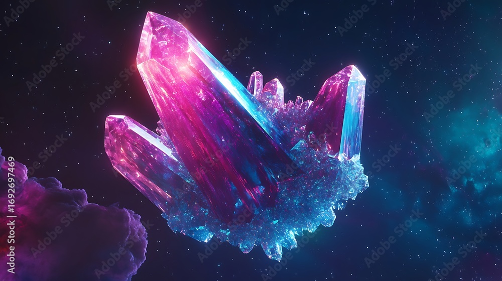 Poster a cluster of large crystals floating in a dark starry space