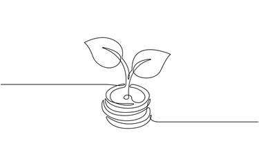 Continuous one line drawing of money seeds on transparent background, vector illustration of money plant symbol and financial investment growth concept.