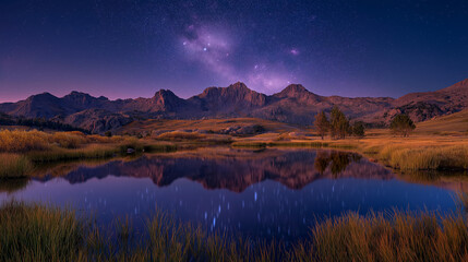 The serene, reflective surface of a still lake mirroring the constellations above.