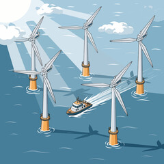 Isometric Wind Turbine Farm on Ocean