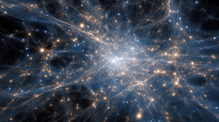 An intricate, cosmic web connecting brilliant pinpoints of light across the void.