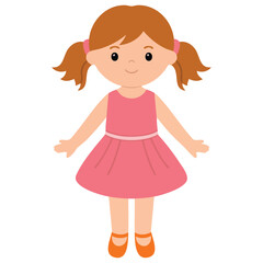 Cute children toy doll with red hair isolated vector illustration on white background