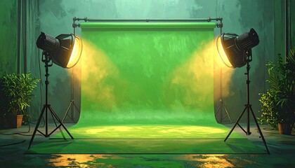 A green screen studio in a dimly lit, vintage-style room