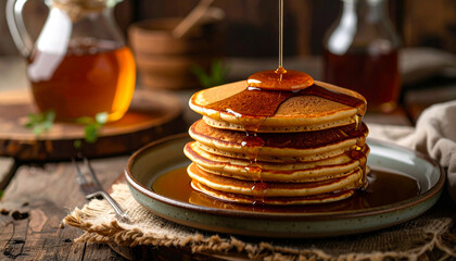 Stack of golden pancakes with syrup being poured on top, delicious breakfast.