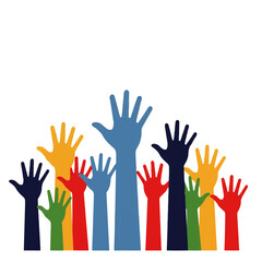 Obraz premium Colorful illustration of multiple hands raised upwards, symbolizing unity, support, and participation against a white background.