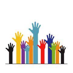 A group of colorful hands are raised upwards, symbolizing unity, participation, and diverse community involvement.